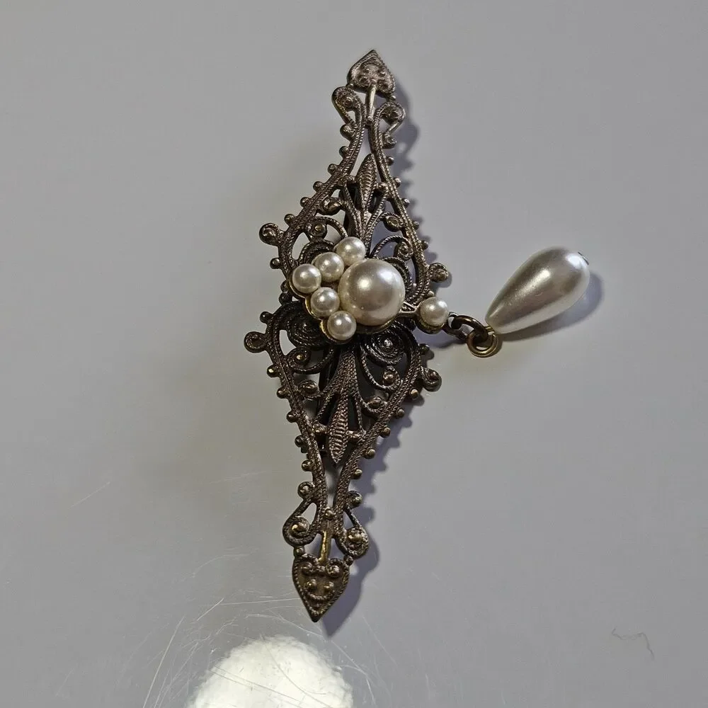 Vintage Victorian Style Filigree & Pearls Pearl Drop Brooch Gilded Brass Metal
